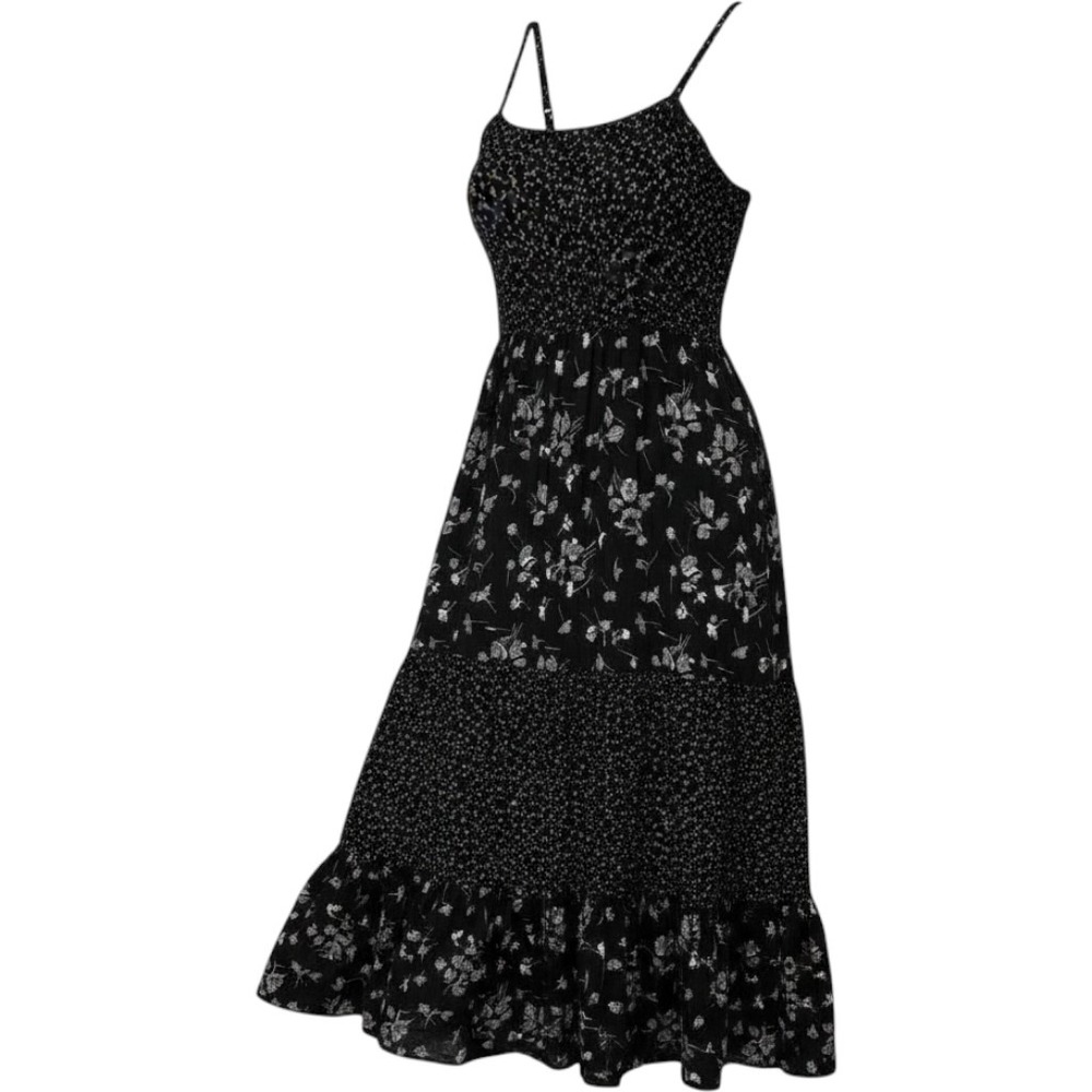 Terra & Sky Womens Patchwork Floral Polka Dot Tiered Maxi Dress Smocked